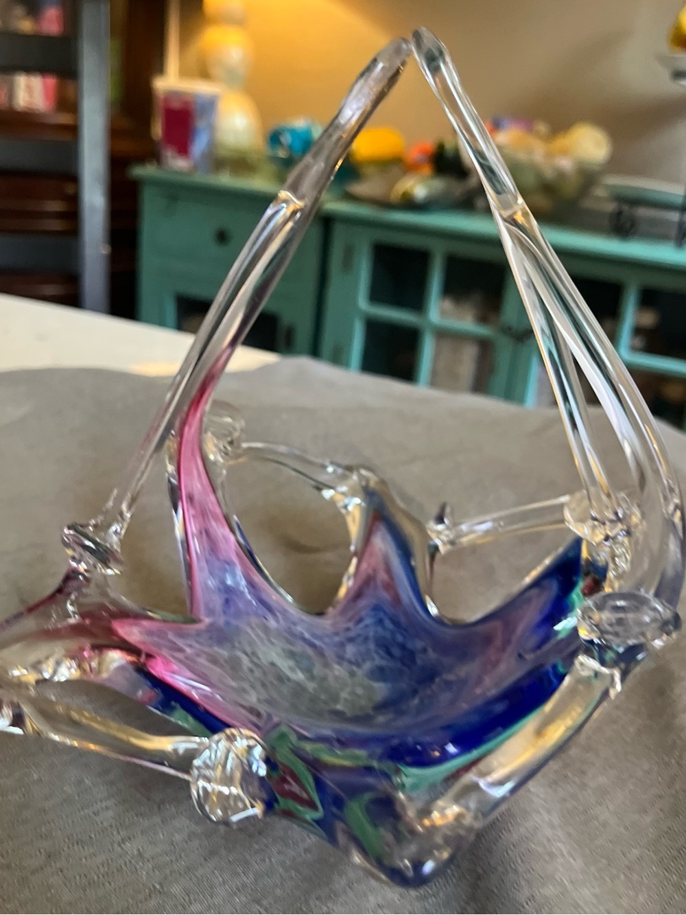 Vintage Murano Art Glass Basket Multicolor Hand Blown MCM Collectible Decor